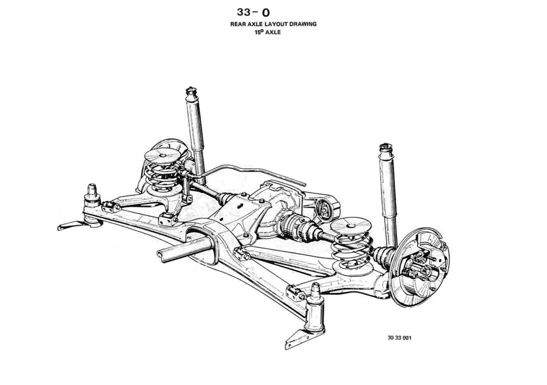 BMW factory layout drawing of the E30 semi-trailing-arm rear axle